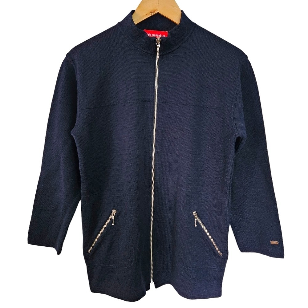 Alain Manoukian T1 Navy Blue Longline Full Zip Cardigan Sweater Small